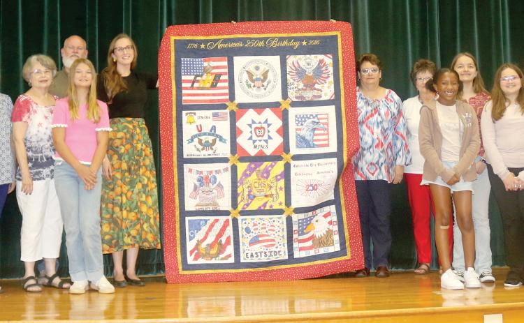 The Columbia County School District’s quilt in honor of the country’s semiquincentennial was a collaborative effort between students and teachers at all 12 schools in the district, the Lady of the Lake Quilt Guild and the Which Old Stitch store. (TONY BRITT/Lake City Reporter)