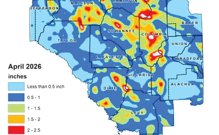 The Suwannee River Water Management District’s Hydrological Conditions Report shows areas of Columbia and Suwannee counties received substantial rainfall in April but are still in heavy drought. (COURTESY SUWANNEE RIVER WATER MANAGEMENT DISTRICT)