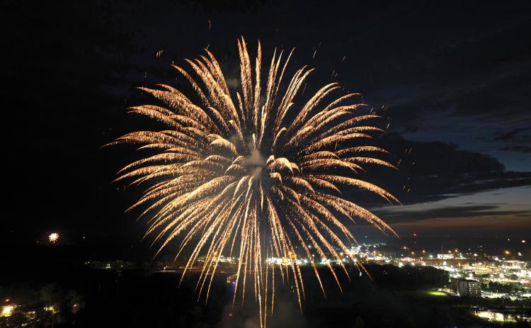 Fireworks explode above Lake City during last year’s Independence Day celebration at the Florida Gateway Fairgrounds. In addition to fireworks, this year’s 250th celebration will include a laser show and hot air balloons. (FILE)
