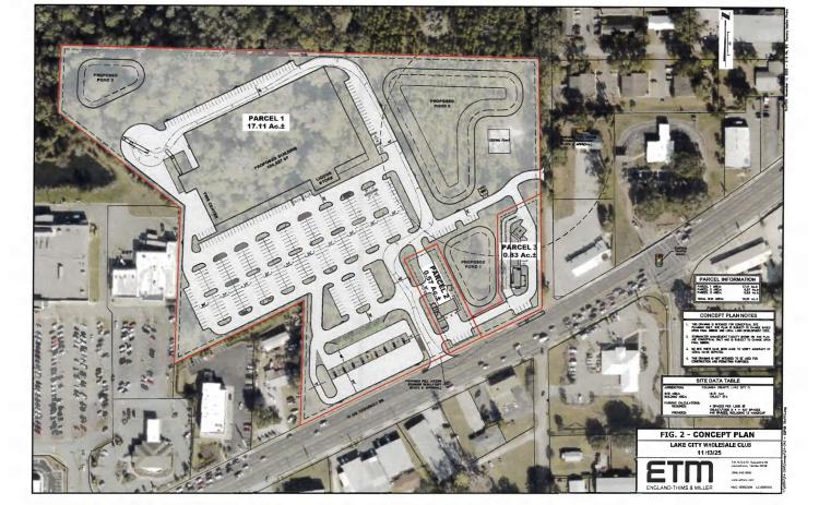 The conceptual plan for the proposed BJ’s Wholesale Club on U.S. Highway 90 next to Publix shows where there would be entrances to the store, which would include a tire center and liquor store, from both U.S. 90 and from Hackney Terrace. The site also would have a pair of out parcels for other retail sales. (COURTESY)