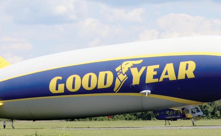 The Goodyear blimp made a stop at the Lake City Gateway Airpor on Thursday. The blimp is a frequent visitor to the airport, which serves as a permanent fuel stop for the blimp as it makes its way in and out of Florida. (TONY BRITT/Lake City Reporter)