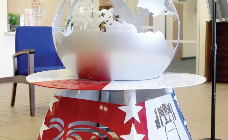 The ‘Globe of Freedom,’ a welded art piece created by Columbia High welding students, won the Commissioner’s Choice award in the Statewide Welding and Fabrication Challenge to celebrate America’s semiquincentennial. (TONY BRITT/Lake City Reporter)
