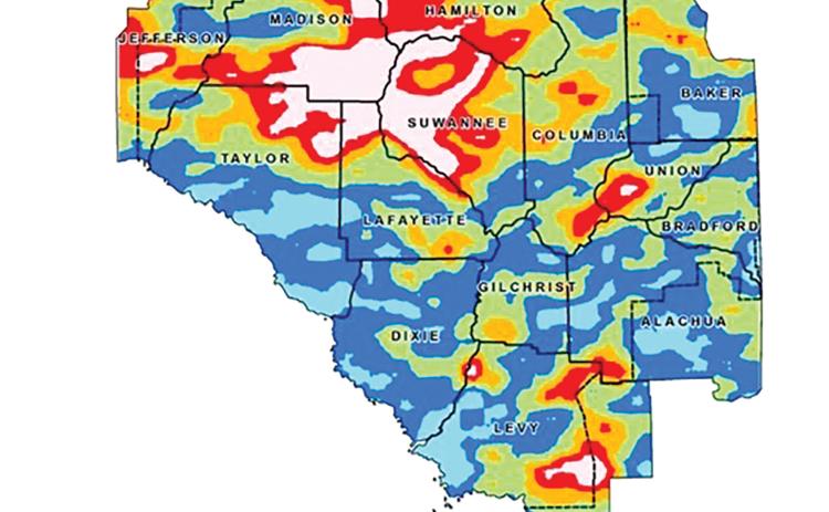Parts of Suwannee, Hamilton and Lafayette counties, as well as Jefferson, Levy, Madison, Taylor and Union counties, received more than seven inches of rain in June. Still, the month was drier than normal across the Suwannee River Water Management District. (COURTESY SUWANNEE RIVER WATER MANAGEMENT DISTRICT)
