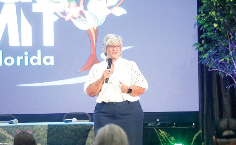 Lorie Vincent, the president of Acceleration by design LLC, the consulting firm that hosts Stand Up Rural America, opened the summit Tuesday at the Howard Center. (JAMIE WACHTER/Lake City Reporter)