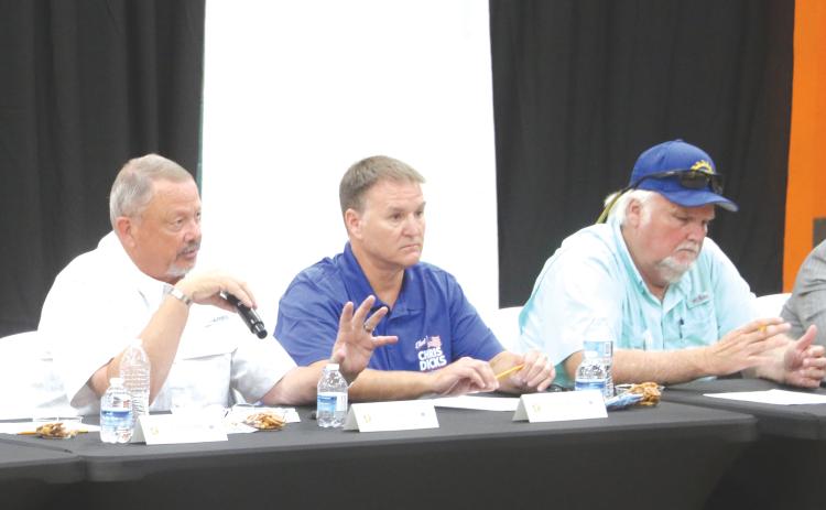 Columbia County Commission candidates Robert Lane (from left), Chris Dicks and Jody Dupree participate in Monday’s candidate forum at Richardson Community Center. (MORGAN MCMULLEN/Lake City Reporter)