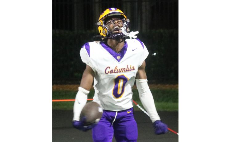 Columbia defensive back Mekah Combs-Turner celebrates after his game-clinching interception against Bolles on Friday. (JORDAN KROEGER/Lake City Reporter)