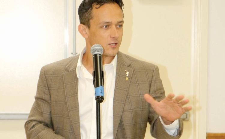 Marshall Rawson, speaking at the Columbia County Republican Party rally last month, won the primary for the Florida House District 10 seat. (FILE)