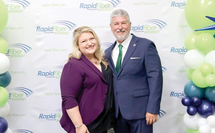 Congresswoman Kat Cammack and Mike McWaters, the president and CEO of SVEC and the chairman for the board of managers of Rapid Fiber Internet, are pictured at the Aug. 12 celebration of the Rapid Fiber service rollout completion. It is now available to all SVEC members. (COURTESY RAPID FIBER INTERNET)