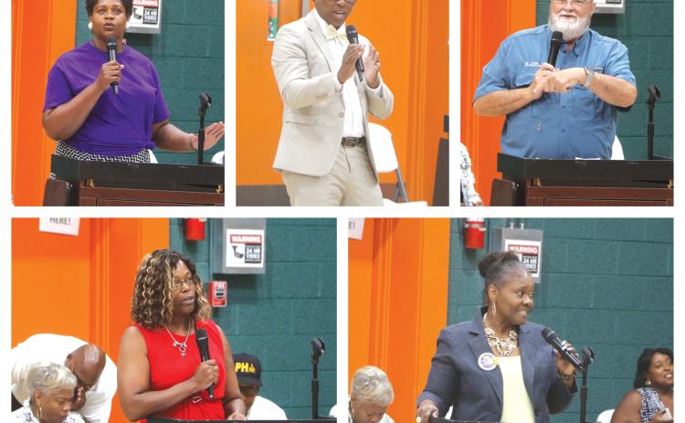 Befaithful Coker (top left, clockwise), Ricky Jernigan and Norbie Ronsonet, all candidates for District 14, speak during Monday's candidate forum at Richardson Community Center. Chevella Young and Jessica Jones also spoke in contention for the District 10 seat. (Photos by MORGAN MCMULLEN/Lake City Reporter)