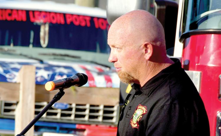 Kyle Nickerson, speaking at the annual Patriot Day ceremony on Friday, has been named Live Oak’s new fire chief. (ROB WOLFE/Lake City Reporter)