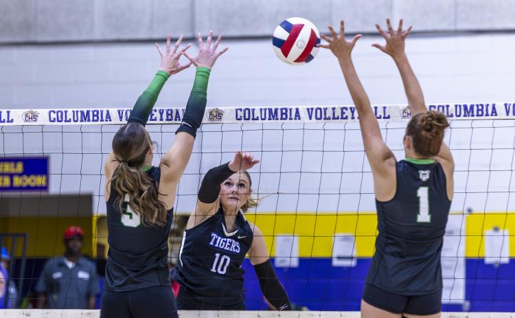 Columbia's Carrin Nelson fires a shot against Suwannee on Sept. 10. (JACK HOWDESHELL/Lake City Reporter)