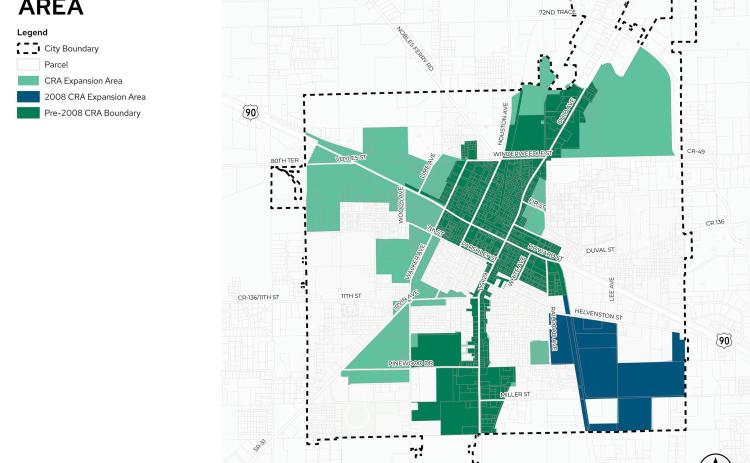 The proposed map of the Live Oak Community Redevelopment Agency district. The light green portion in the northeast section of the city will be removed from the CRA. (FILE)
