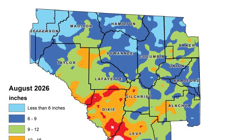 North Florida received 23% more rain than normal in August, including parts of Lafayette County that received between 15-18 inches. (COURTESY SUWANNEE RIVER WATER MANAGEMENT DISTRICT)