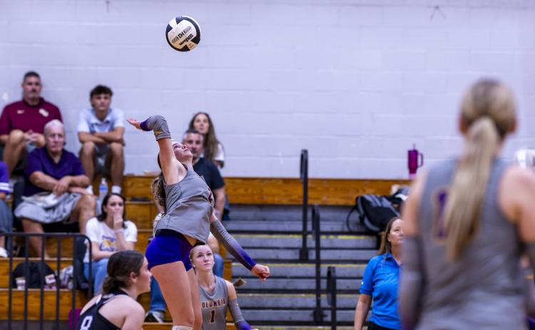Columbia hitter Elinor Kirsch rises for a shot against Lafayette on Sept. 3. (JACK HOWDESHELL/Lake City Reporter)