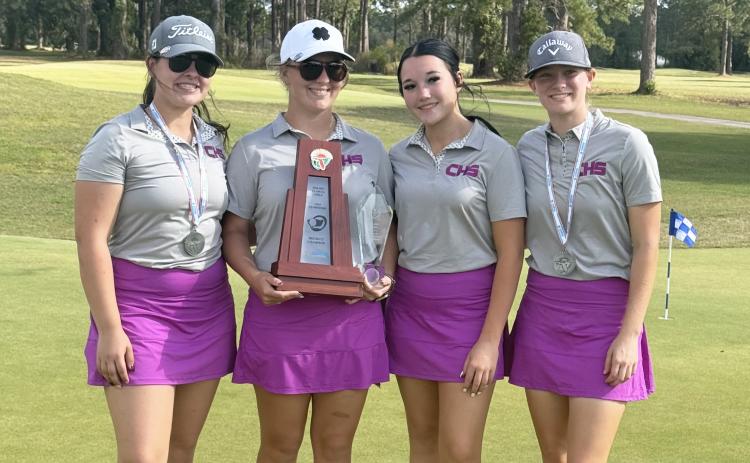 Columbia won the District 2-2A title on Tuesday. Pictured are golfers Mayson Miller (from left), Rayna Hardin, Savannah Douglas and Estella Bauer. (COURTESY)