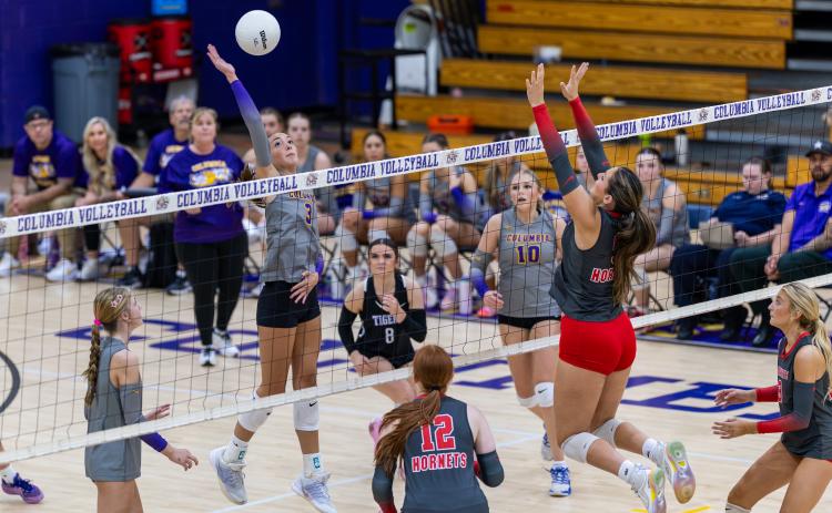 Columbia hitter Meleane Wood fires a shot against Lafayette on Sept. 28. (JACK HOWDESHELL/Lake City Reporter)
