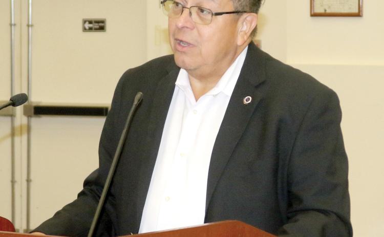 Alachua County Engineer Ramon Gavarrete addresses the Columbia County Commission on Thursday about the need for help in addressing potholes. (TONY BRITT/Lake City Reporter)