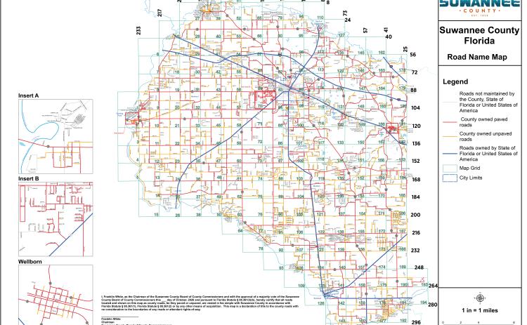 The map of roads in Suwannee County that marks which roads are county owned or maintained and which are not. There are more than 500 roads that the county declared title to Tuesday night. (COURTESY SUWANNEE COUNTY)