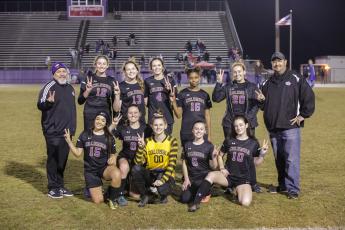 Columbia honored 11 players on Senior Night prior to Wednesday’s game against Fort White. They included Adriana Watson (12), Camryn Nix (13), Lauren Ward (4), Talisha Pope (16), Briana Watson (20), Ana Caballero (15), Kirstin McCormick (8), Emily Lamoreaux (00), Daisy Carmichael (6) and Kirstin Garner (10). Ember Russell-Martinez is not pictured. (BRENT KUYKENDALL/Lake City Reporter)