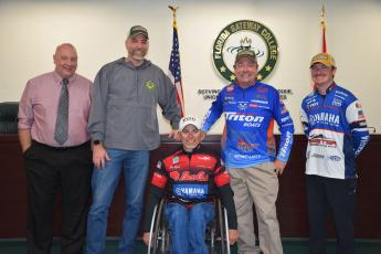 Florida Gateway College will be home to a competitive bass fishing club starting in the fall. Release and photo attached. Pictured are Dr. Lawrence Barrett (from left) and coaches Rob Chapman, Ron Ryals, Shaw Grigsby and Hunter Bland. (COURTESY)