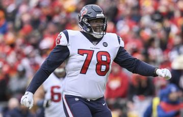 Houston Texans left tackle Laremy Tunsil (78) celebrates his team’s touchdown against the Kansas City Chiefs on Jan. 12 in Kansas City, Mo. (REED HOFFMANN/Associated Press)