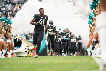 Jacksonville Jaguars defensive end Josh Allen (41) enters the field with his team before a game against the Los Angeles Chargers at TIAA Bank Field on Dec. 8, 2019, in Jacksonville. (JAMES GILBERT/Getty Images/TNS)