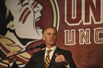 Florida State coach Mike Norvell vehemently denied accusations by current player who posted on social media the officials are lying about how the coaching staff is handling safety protocols during the coronavirus pandemic. (PHIL SEARS/AP FILE PHOTO)