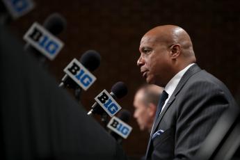 Big Ten commissioner Kevin Warren speaks about the cancellation of the men's basketball tournament at Bankers Life Fieldhouse on March 12. (CHRIS SWEDA/ Chicago Tribune/TNS)