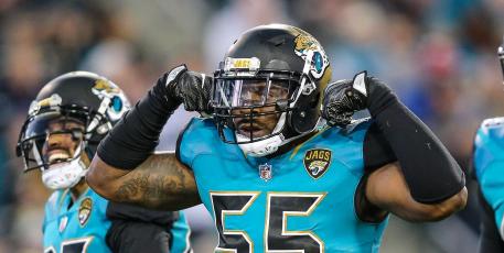 Jacksonville Jaguars defensive end Lerentee McCray (55) celebrates a second zero-yard punt return by Seattle during the first half of a game at EverBank Field oN Dec. 10, 2017, in Jacksonville. (TRIBUNE NEWS SERVICE)