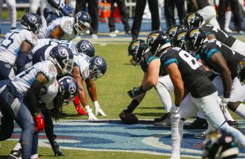The Jacksonville Jaguars line up against the Tennessee Titans during the first half on Sunday at Nissan Stadium in Nashville, Tenn. (FREDERICK BREEDON/Getty Images/TNS)