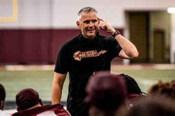 Florida State coach Mike Norvell addresses his team during a practice this summer. Norvell’s first season at Florida State should be an upgrade from the Willie Taggart era. He posted four winning seasons at Memphis before taking over at FSU. (COURTESY OF FSU ATHLETICS)