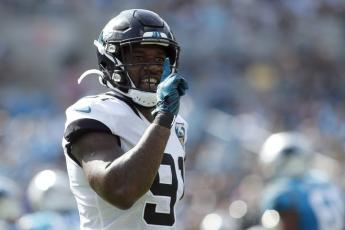Then-Jacksonville Jaguars defensive end Yannick Ngakoue (91) reacts following a play against the Carolina Panthers during the first half of a game on Oct. 6, 2019, in Charlotte, N.C. (AP FILE PHOTO)