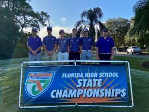 Columbia’s boys golf team placed 14th at the Class 2A State Tournament on Wednesday. Pictured are Josef Walker (from left), Ty Folsom, Spencer McCranie, coach Chase Hagler, Zach Shaw and Connor Williams. (COURTESY)
