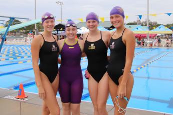 Columbia’s 200 freestyle and 200 freestyle medley relay teams of Abby Schuler (from left), Mackenzie Conklin, Kaydence Clark and Isabelle Glenn both competed at the Region 1-3A meet on Wednesday, placing 12th and 13th. Conklin also placed 14th in both the 500 freestyle and 200 freestyle, while Clark took 16th in the 100 butterfly. (SHELBY CONKLIN/Special to the Reporter)