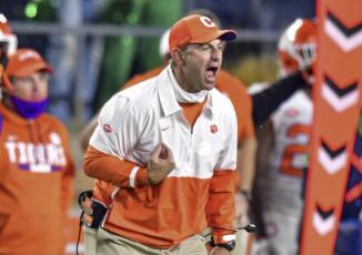 Clemson coach Dabo Swinney yells during the fourth quarter of the team's game against Notre Dame on Nov. 7 in South Bend, Ind. (MATT CASHORE/AP Pool Photo)