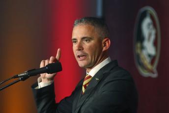 Florida State head football coach Mike Norvell speaks at a news conference on  Dec. 8, 2019, in Tallahassee. (AP FILE PHOTO)