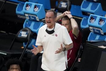 Oklahoma head coach Lon Kruger reacts during a first-round game against Missouri in the NCAA Tournament at Lucas Oil Stadium March 20 in Indianapolis. (DARRON CUMMINGS/Associated Press)