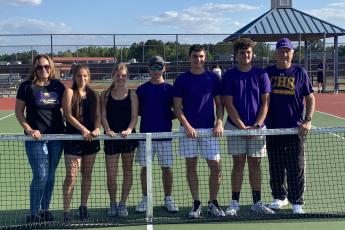 Columbia’s tennis team celebrated Senior Day on Tuesday against Suwannee. Pictured are girls coach Brandi O’Neal (from left), Taiya Driggers, McKenna Thomas, Caleb Stengel, Cole Wehrli, RJ Dutch and boys coach Tom Moore. See the prep roundup above for full results from the day. (COURTESY)