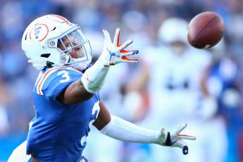 Florida Gators cornerback Marco Wilson (3) dives for a ball against the Auburn at Ben Hill Griffin Stadium on Oct, 5, 2019, in Gainesville. (JAMES GILBERT/Getty Images/TNS)