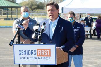 Gov. Ron DeSantis speaks to the media during a morning press conference at Southside Sports Complex on March 11, where he gave an update regarding the state’s covid vaccine effort. (FILE)
