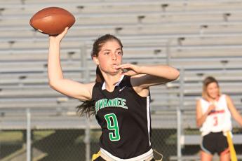 Suwannee quarterback Maci Campbell throws a pass against Bradford on March 15. (PAUL BUCHANAN/Special to the Reporter)