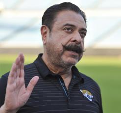 Jaguars owner Shad Khan fields questions from the media at EverBank Field on April 26, 2018. (BOB SELF/Florida Times-Union/TNS)