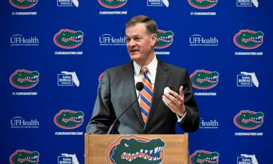 Florida Gators Athletic Director Scott Stricklin speaks during an introductory press conference for football head coach Dan Mullen at the Bill Heavener football complex on Nov. 27, 2017, in Gainesville. Florida’s athletic department had a $54.5 million shortfall during the 2020-21 fiscal year because of the coronavirus pandemic, significant financial losses the Gators were able to weather with a supplement from the Southeastern Conference and a sizable reserve. (ROB FOLDY /Getty Images/TNS)