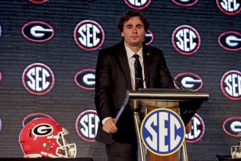 Georgia quarterback JT Daniels speaks to reporters during SEC Media Days on Tuesday in Hoover, Ala. (BUTCH DILL/Associated Press)