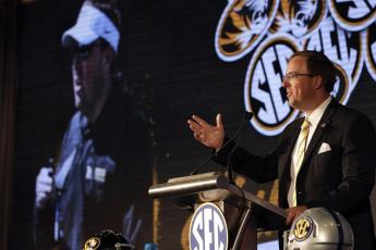 Missouri head coach Eliah Drinkwitz speaks to reporters during SEC Media Days on Thursday in Hoover, Ala. (BUTCH DILL/Associated Press)
