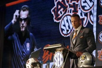 Auburn head coach Bryan Harsin speaks to reporters during SEC Media Days on Thursday in Hoover, Ala. (BUTCH DILL/Associated Press)