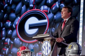 Georgia head coach Kirby Smart speaks to reporters during SEC Media Days on Tuesday in Hoover, Ala. (BUTCH DILL/Associated Press)