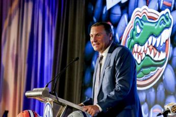 Florida head coach Dan Mullen speaks to reporters during SEC Media Days on Monday in Hoover, Ala. (BUTCH DILL/Associated Press)