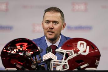Oklahoma head football coach Lincoln Riley speaks from the stage during Big 12 media days on July 14 in Arlington, Texas. (LM TERO/Associated Press)