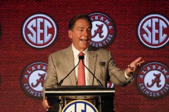Alabama head coach Nick Saban speaks to reporters during SEC Media Days on Wednesday in Hoover, Ala. (BUTCH DILL/Associated Press)